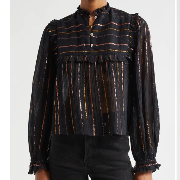 Farm Rio Metallic Stripped Ruffle Shirt Black Size Small NWT - Picture 1 of 9